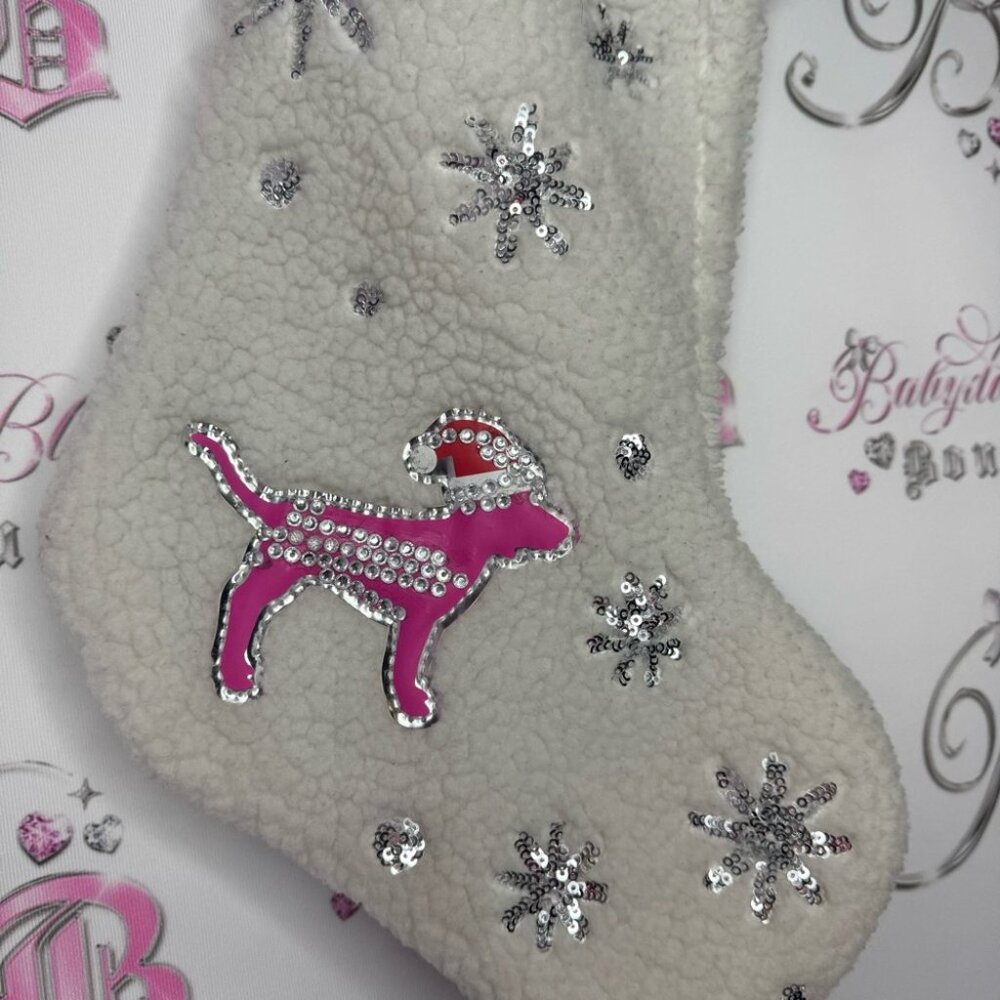 Victoria secret pink stocking Christmas Sherpa 2019 bling diamonds dog rare Xmas - Picture 5 of 11